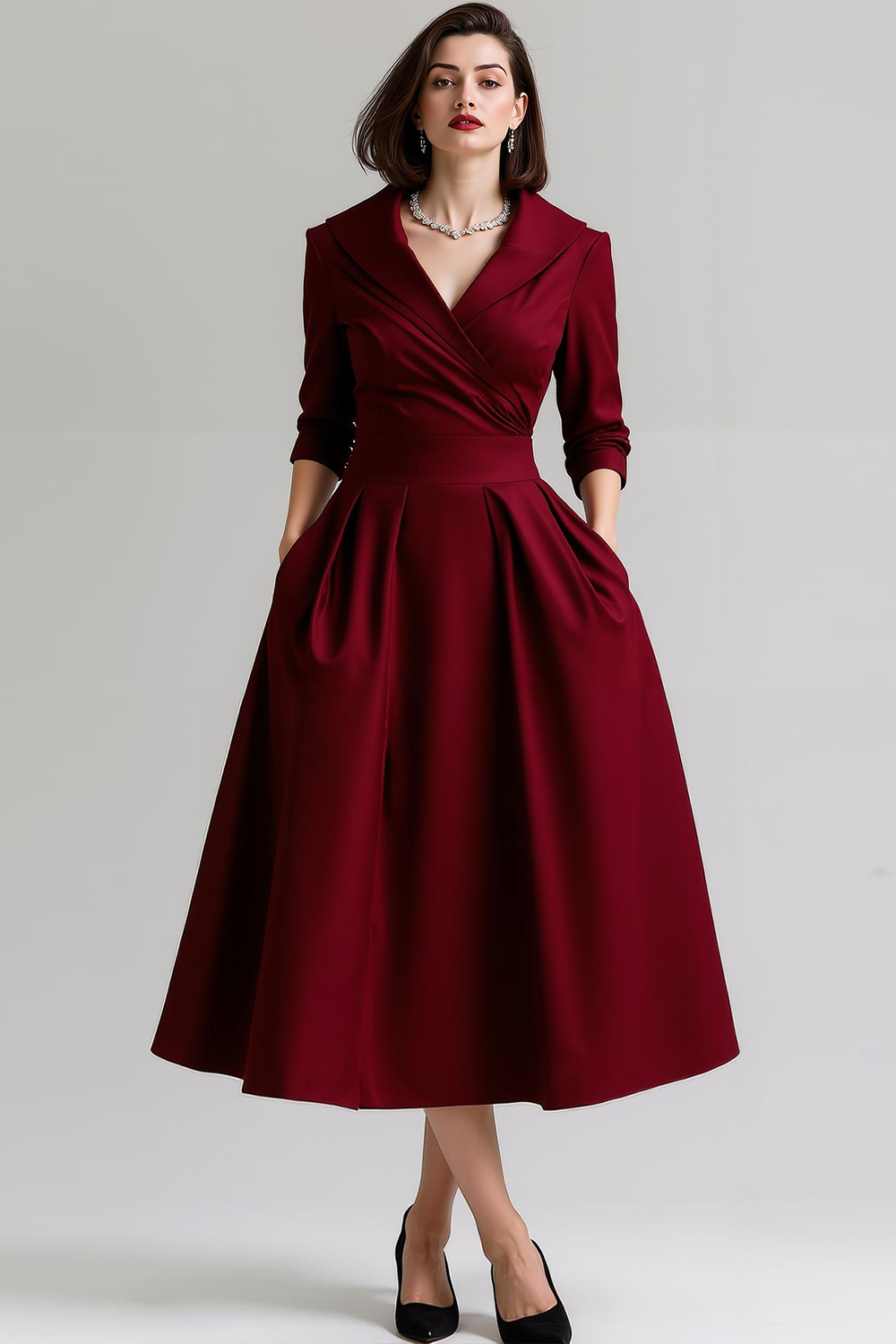 Simple Black Fitted A Line Midi Work Dress with Pockets