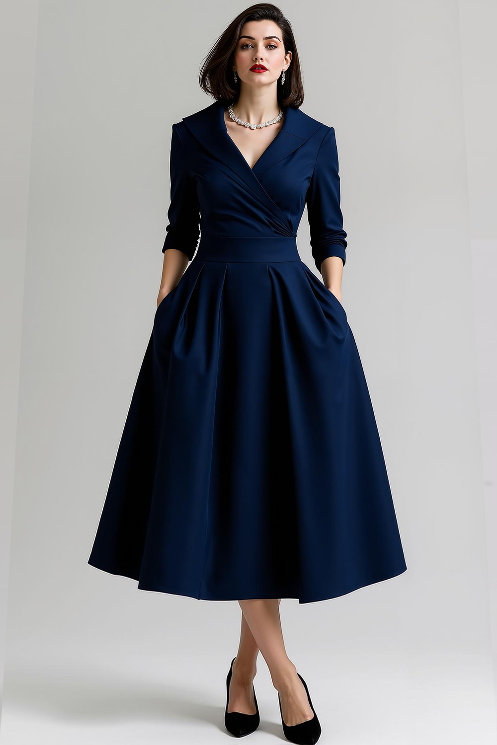 Simple Black Fitted A Line Midi Work Dress with Pockets