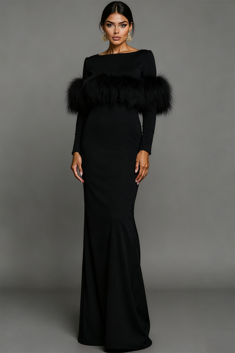 Pink Bateau Neck Mermaid Maxi Formal Dress with Feather