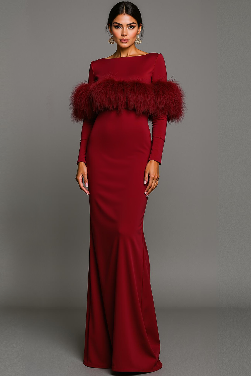 Pink Bateau Neck Mermaid Maxi Formal Dress with Feather