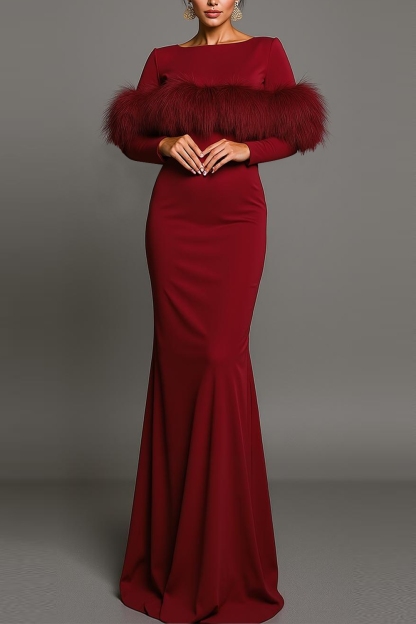 Pink Bateau Neck Mermaid Maxi Formal Dress with Feather