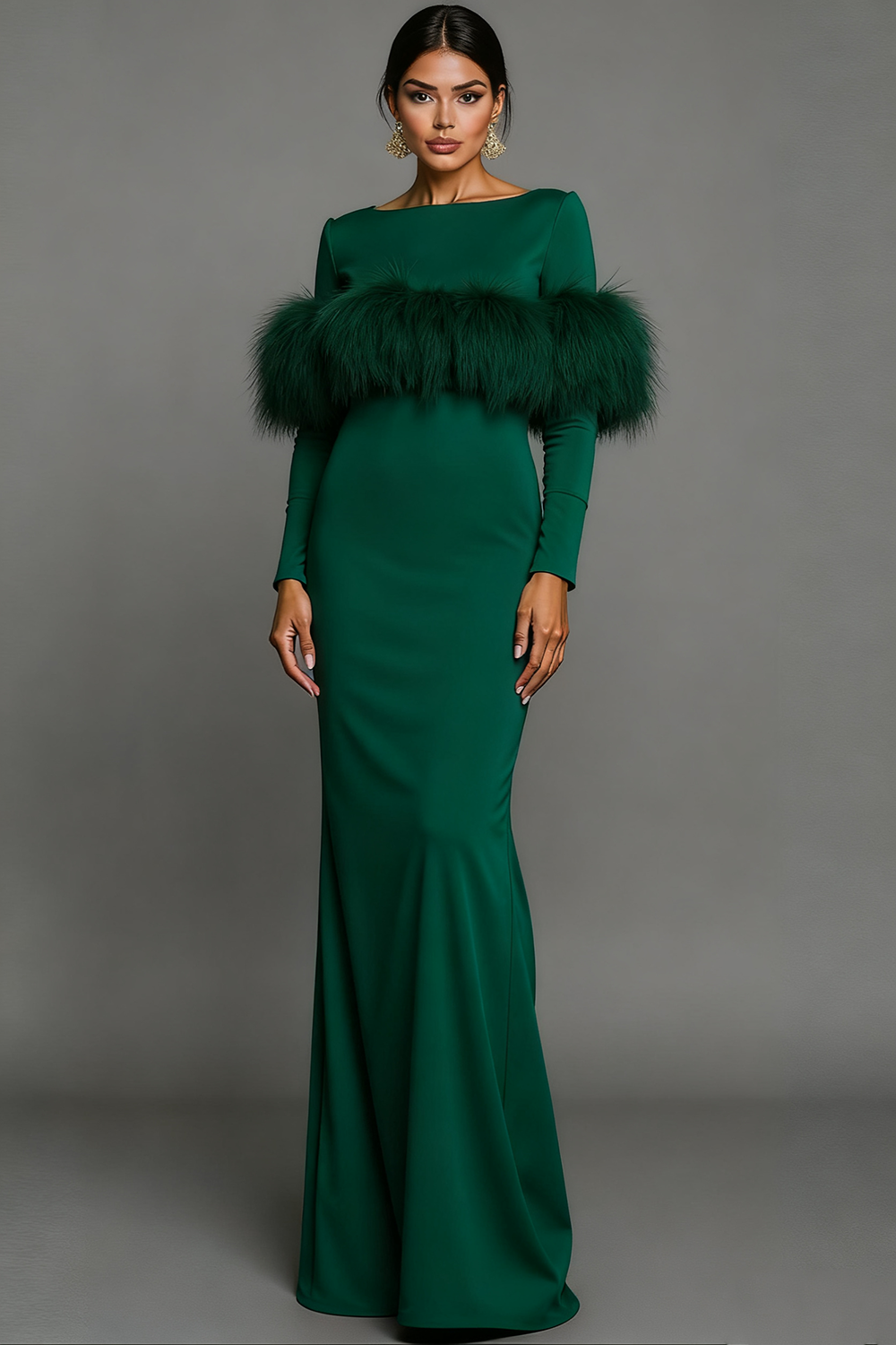 Pink Bateau Neck Mermaid Maxi Formal Dress with Feather