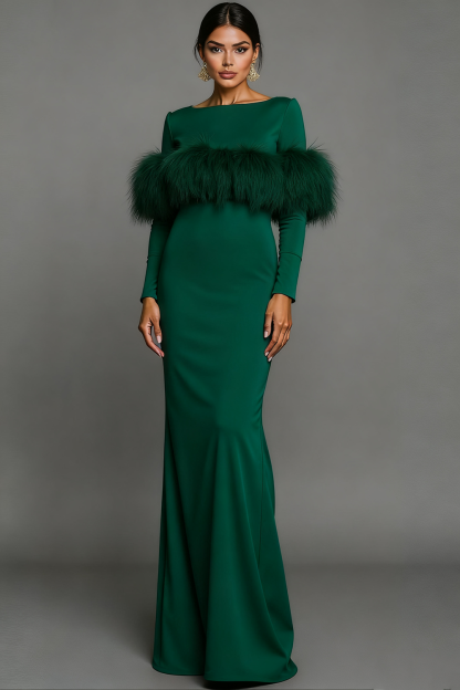 Pink Bateau Neck Mermaid Maxi Formal Dress with Feather