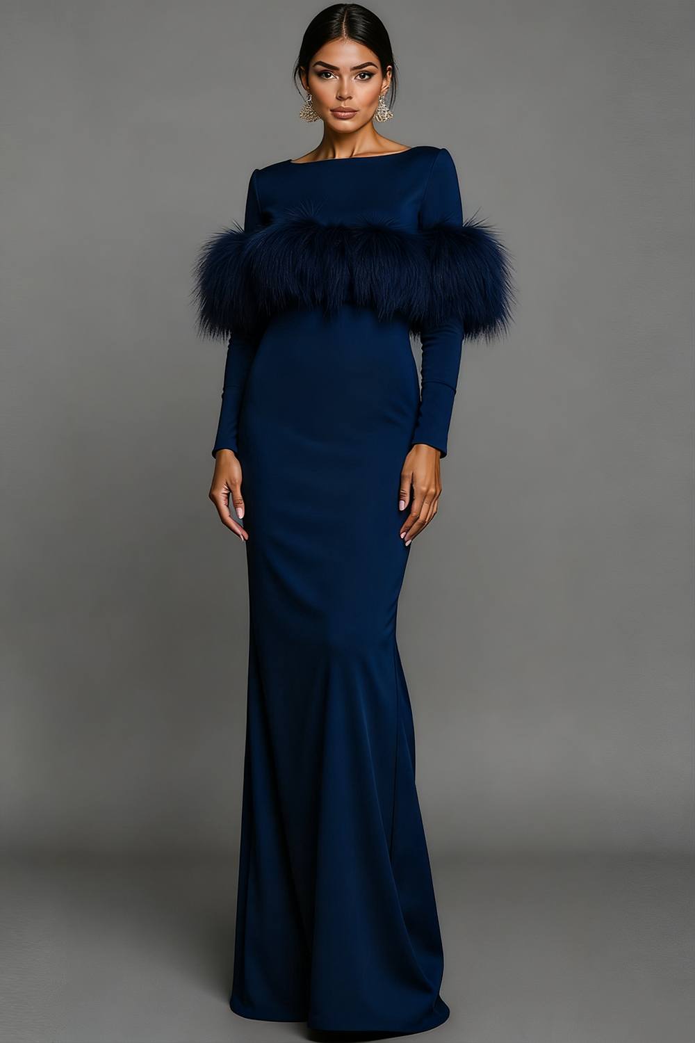 Pink Bateau Neck Mermaid Maxi Formal Dress with Feather