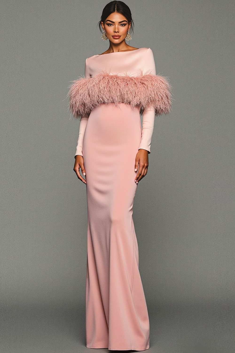 Leely Women Pink Mermaid Maxi Formal Dress with Feather Bateau Neck Long Sleeves Evening Dress