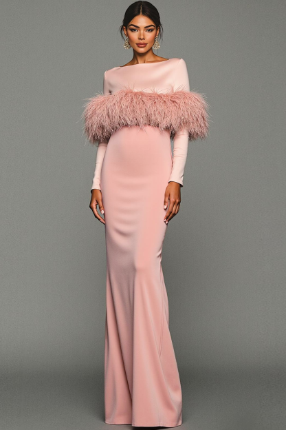 Leely Women Pink Mermaid Maxi Formal Dress with Feather Bateau Neck Long Sleeves Evening Dress