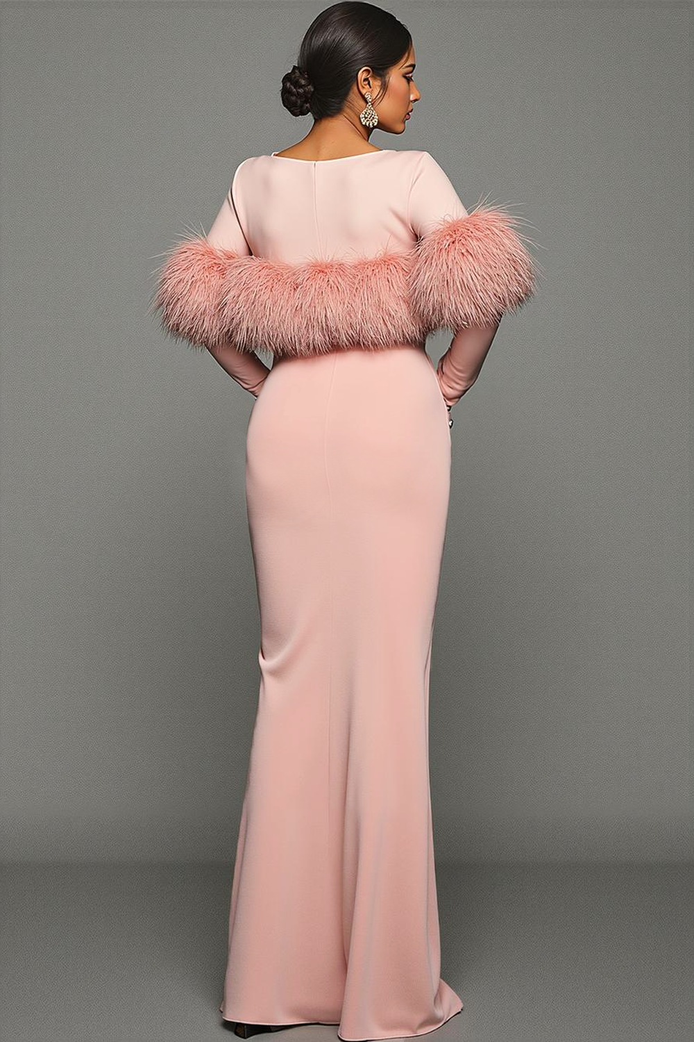 Pink Bateau Neck Mermaid Maxi Formal Dress with Feather