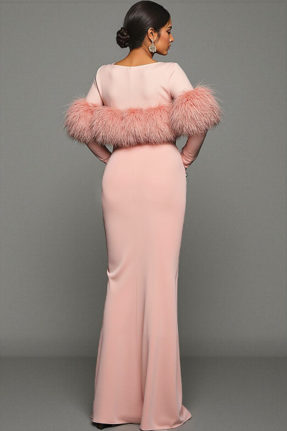 Pink Bateau Neck Mermaid Maxi Formal Dress with Feather