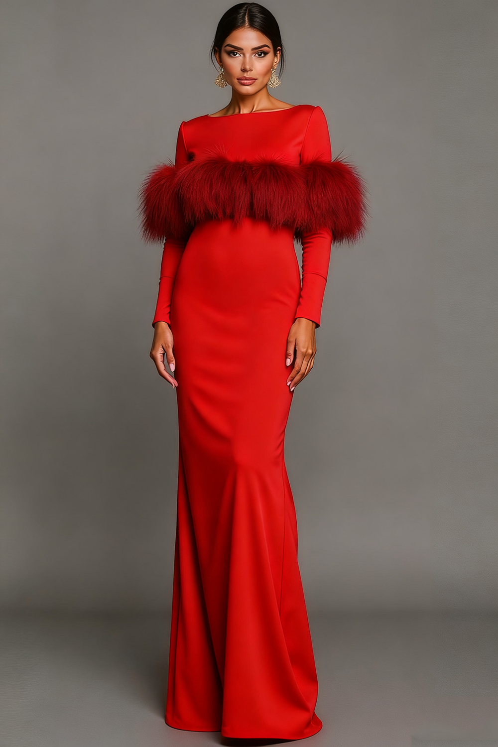 Pink Bateau Neck Mermaid Maxi Formal Dress with Feather