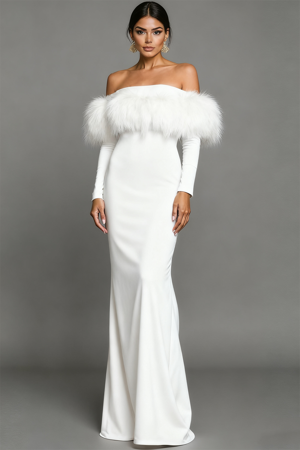 Pink Bateau Neck Mermaid Maxi Formal Dress with Feather