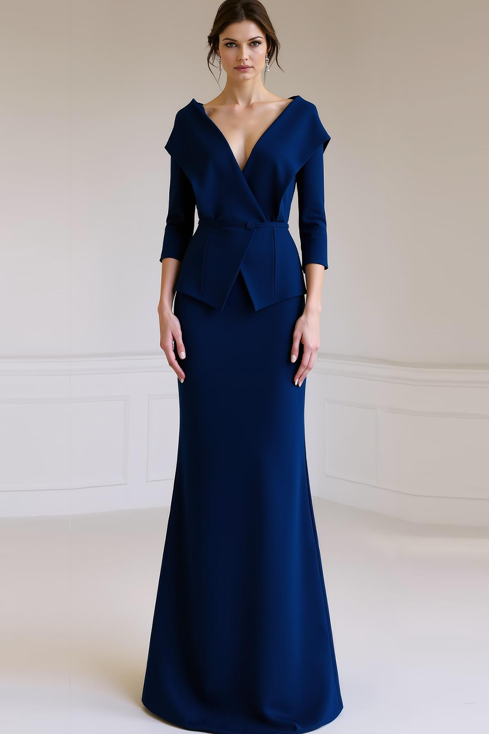 Leely Women Red Mermaid 2 Piece Stunning Wedding Guest Dress V-Neck Maxi Wedding Party Dress with Sleeves