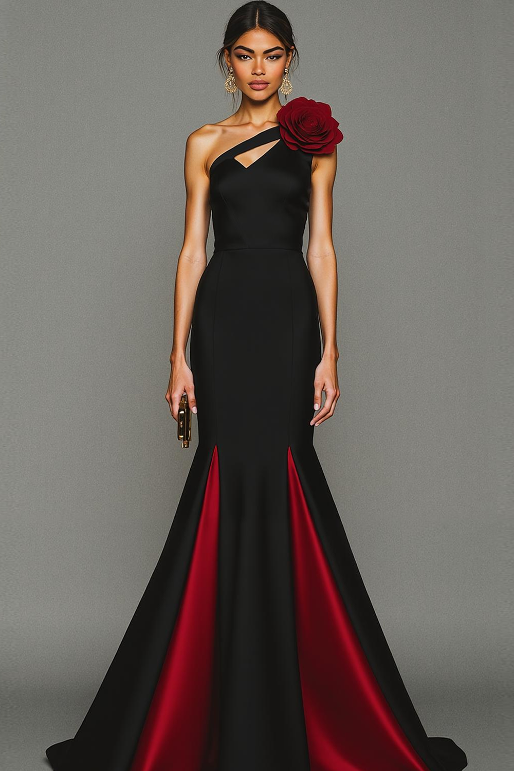 Black Red Mermaid Sweep Train Keyhole One Shoulder Formal Dress with Flower