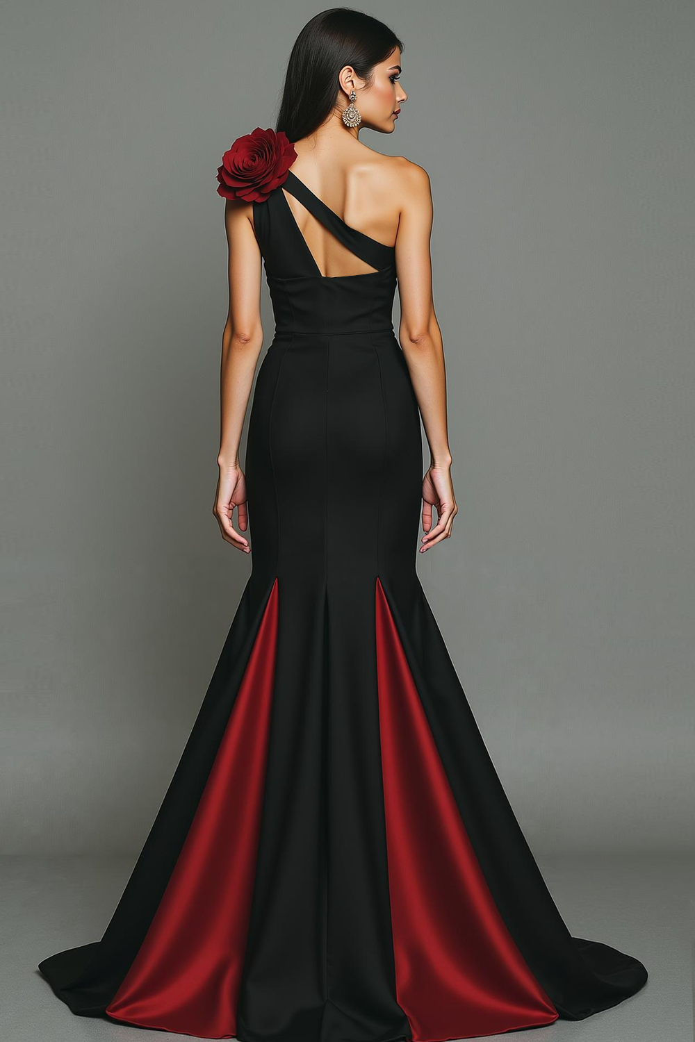 Black Red Mermaid Sweep Train Keyhole One Shoulder Formal Dress with Flower
