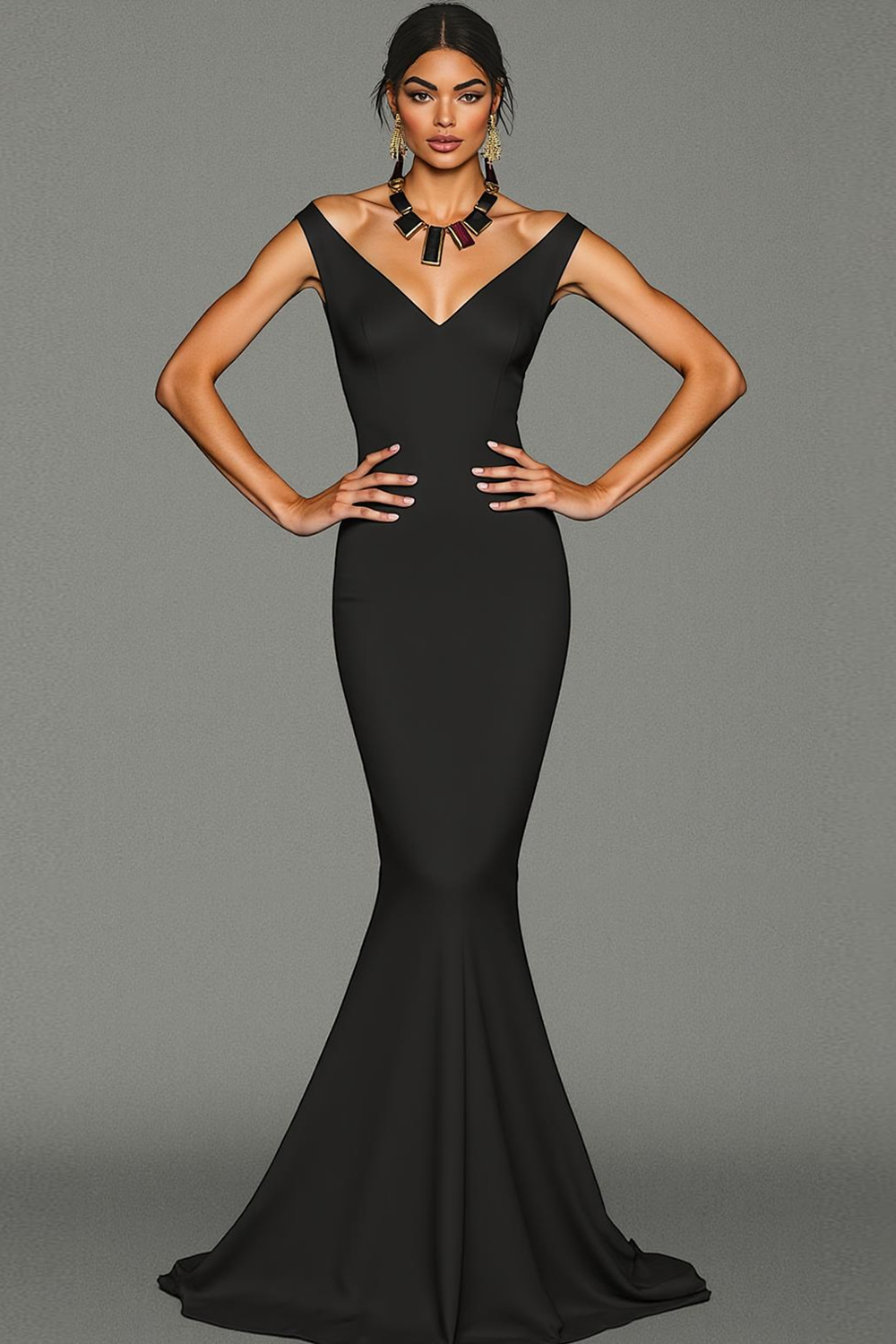 Leely Women Black Sweep Train Mermaid Formal Dress V-Neck Sleeveless Black Tie Dress