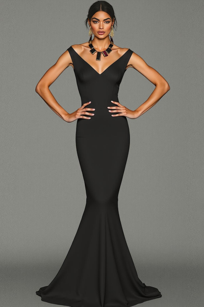 Leely Women Black Sweep Train Mermaid Formal Dress V-Neck Sleeveless Black Tie Dress