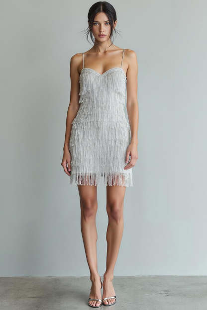 Leely Women Silver Sweetheart Bodycon Homecoming Dress Short Fringe Cocktail Dress
