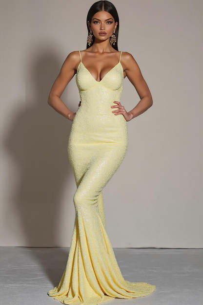 Leely Women Sparkly Sequins Yellow Sweep Train Evening Dress Mermaid Spaghetti Straps Holiday Party Dress