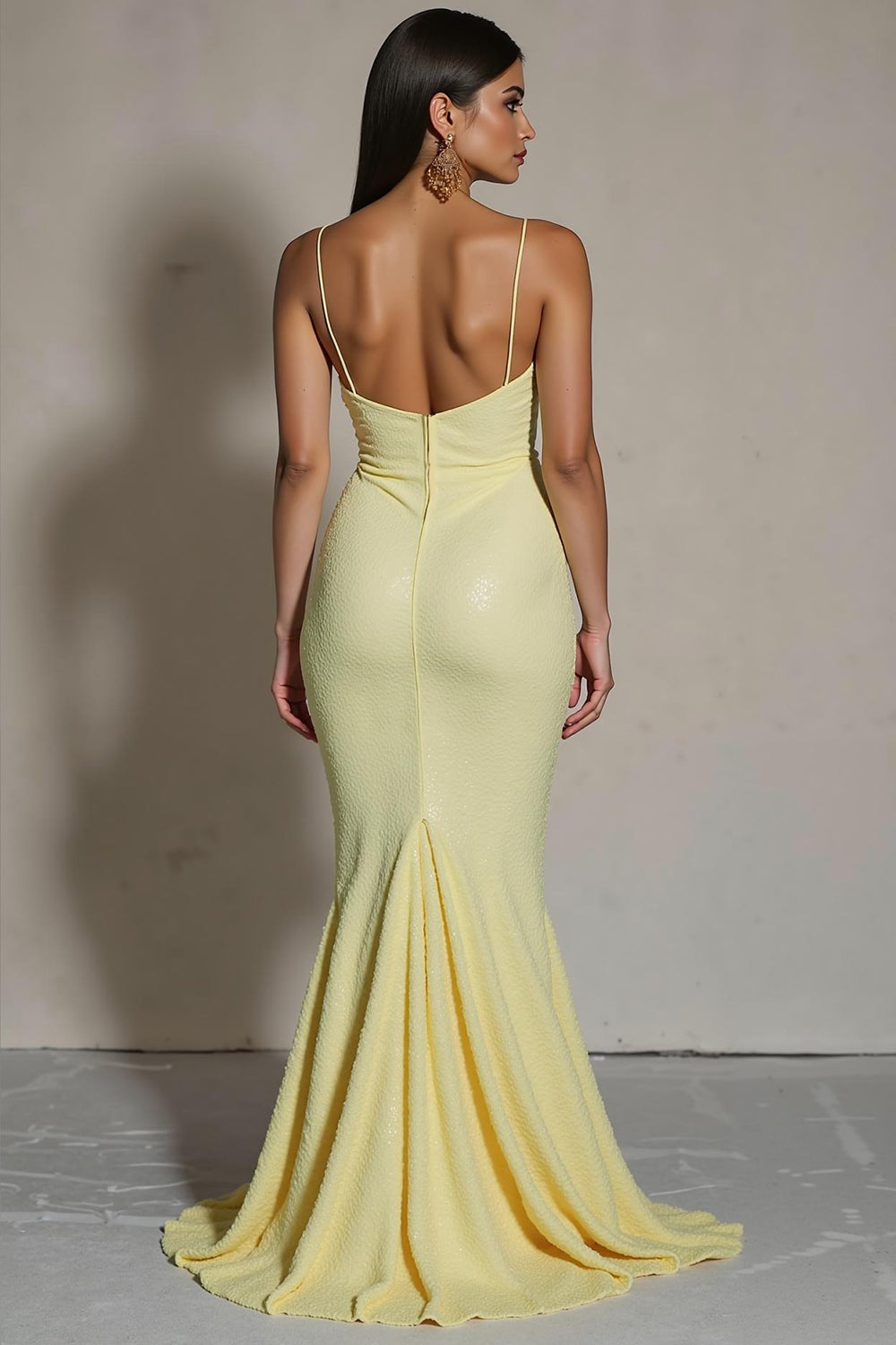Sparkly Sequin Yellow Mermaid Sweep Train Spaghetti Straps Evening Dress