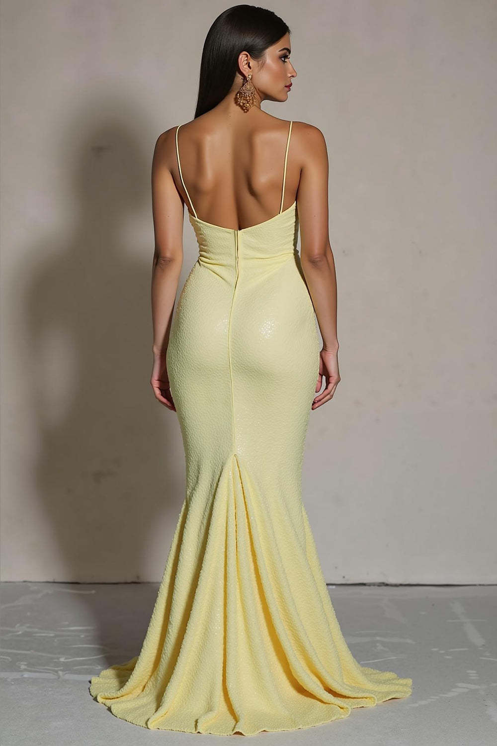 Sparkly Sequin Yellow Mermaid Sweep Train Spaghetti Straps Evening Dress