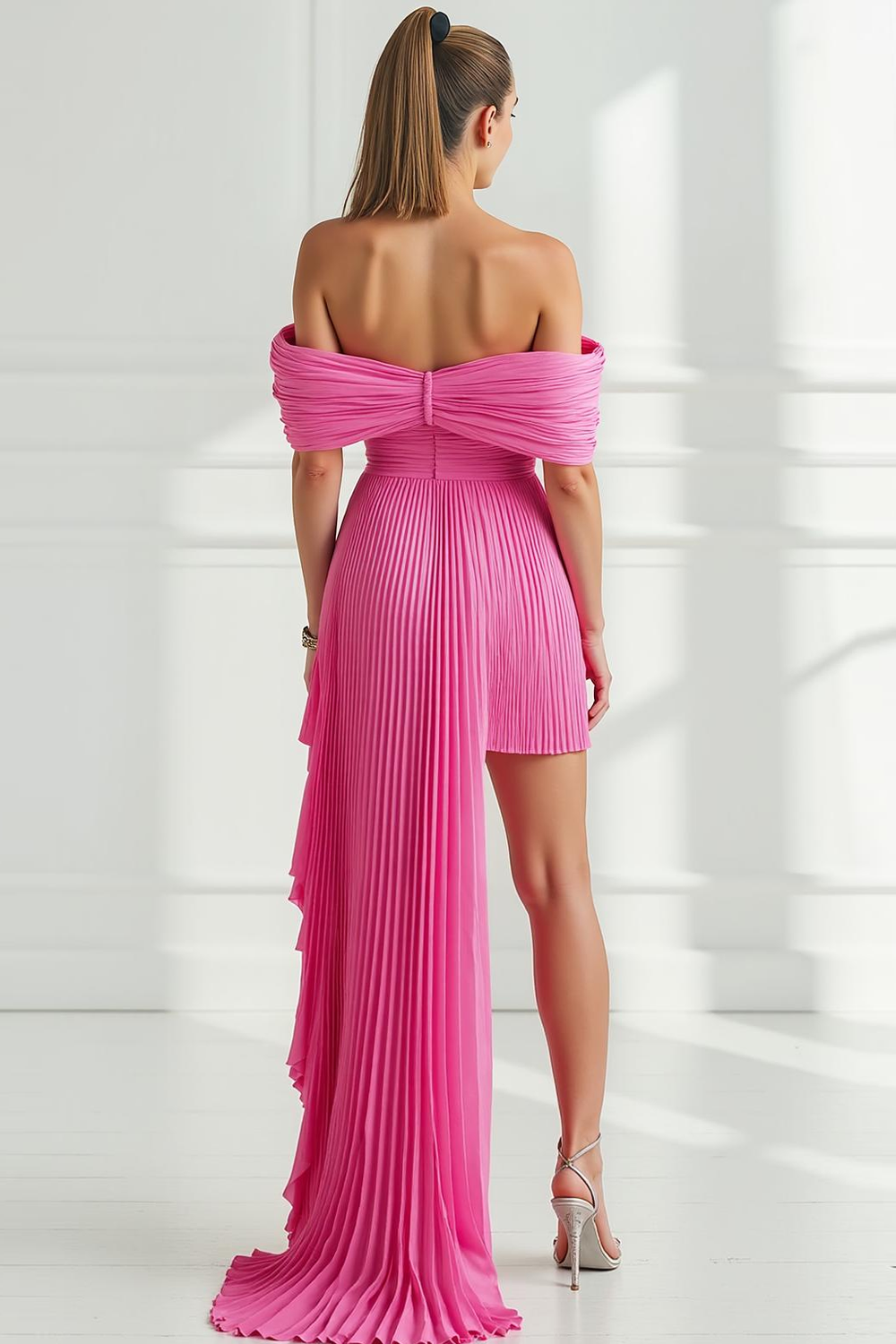 Hot Pink Ruched Bodycon Off the Shoulder Short Homecoming Dress with Cape