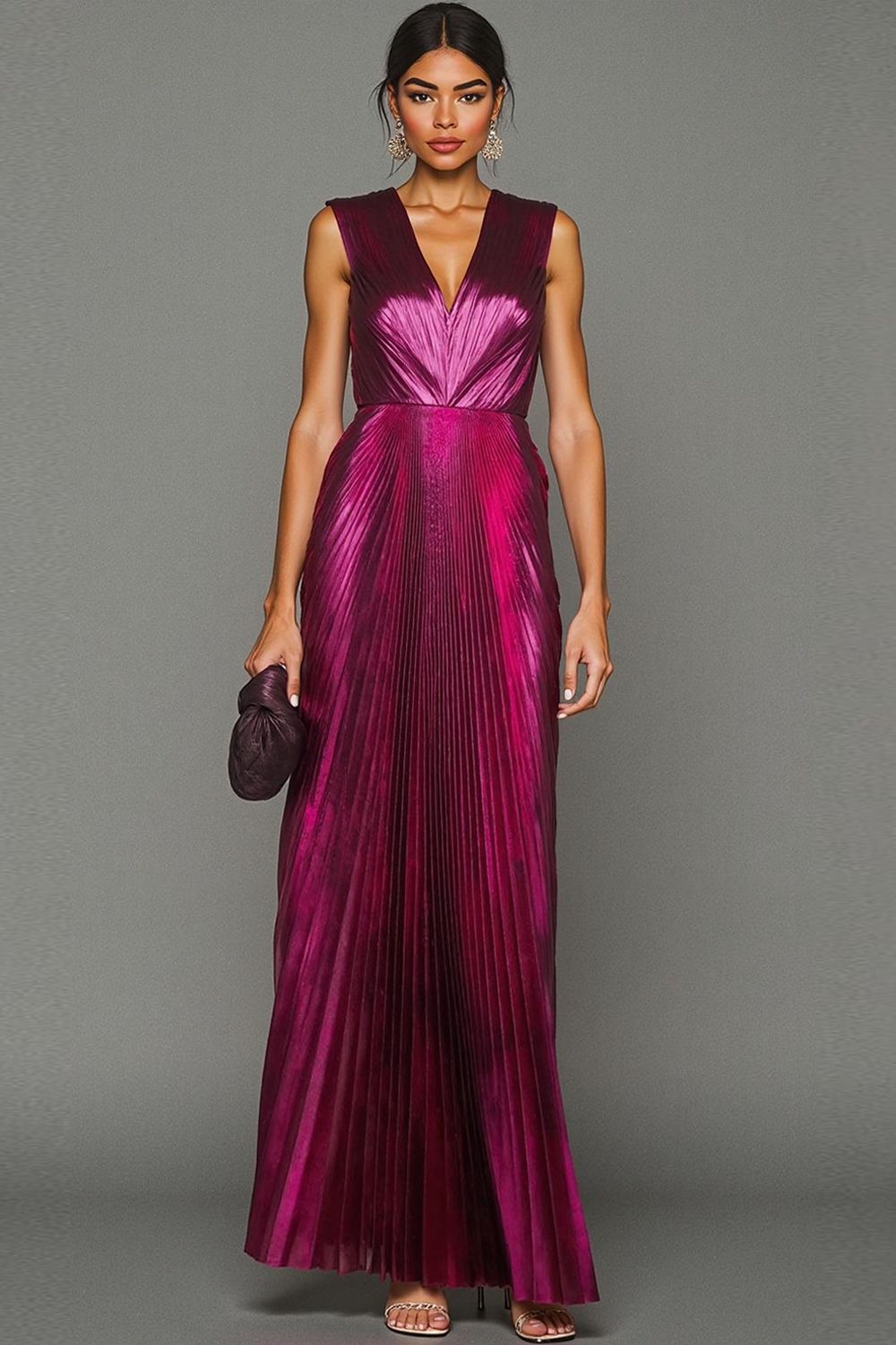 Fuchsia Pleated A Line Metallic V-Neck Maxi Evening Dress