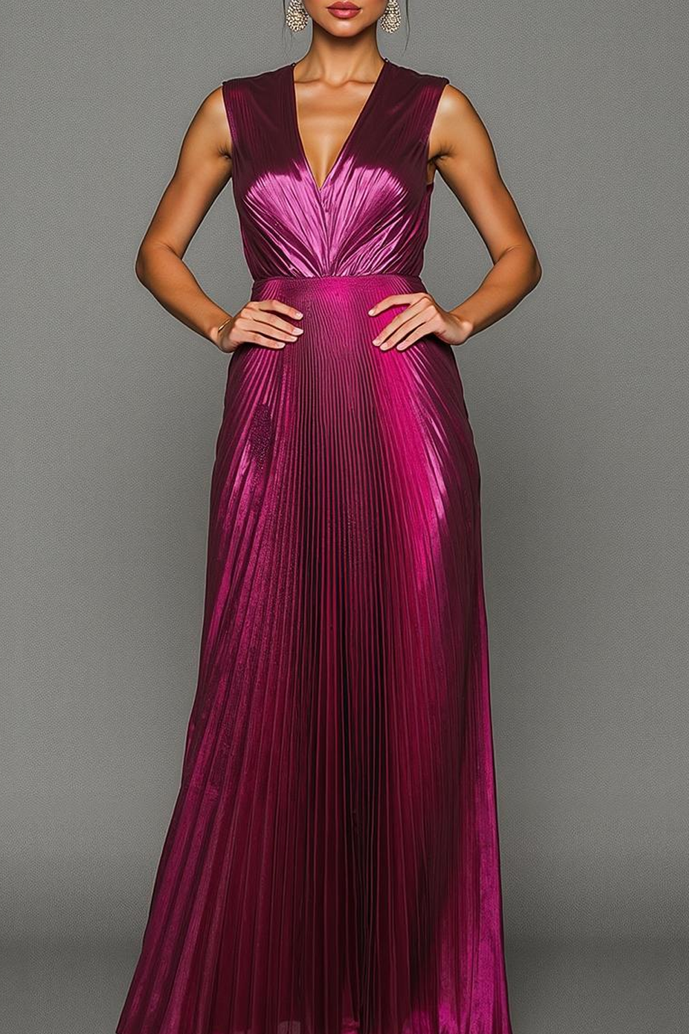 Fuchsia Pleated A Line Metallic V-Neck Maxi Evening Dress