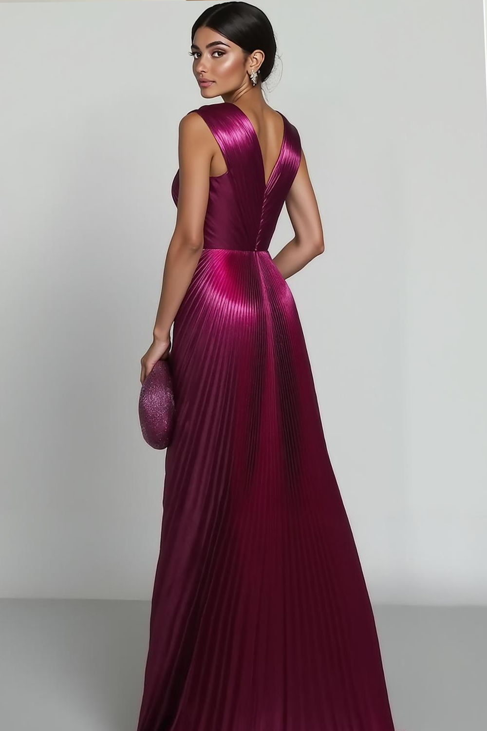 Fuchsia Pleated A Line Metallic V-Neck Maxi Evening Dress