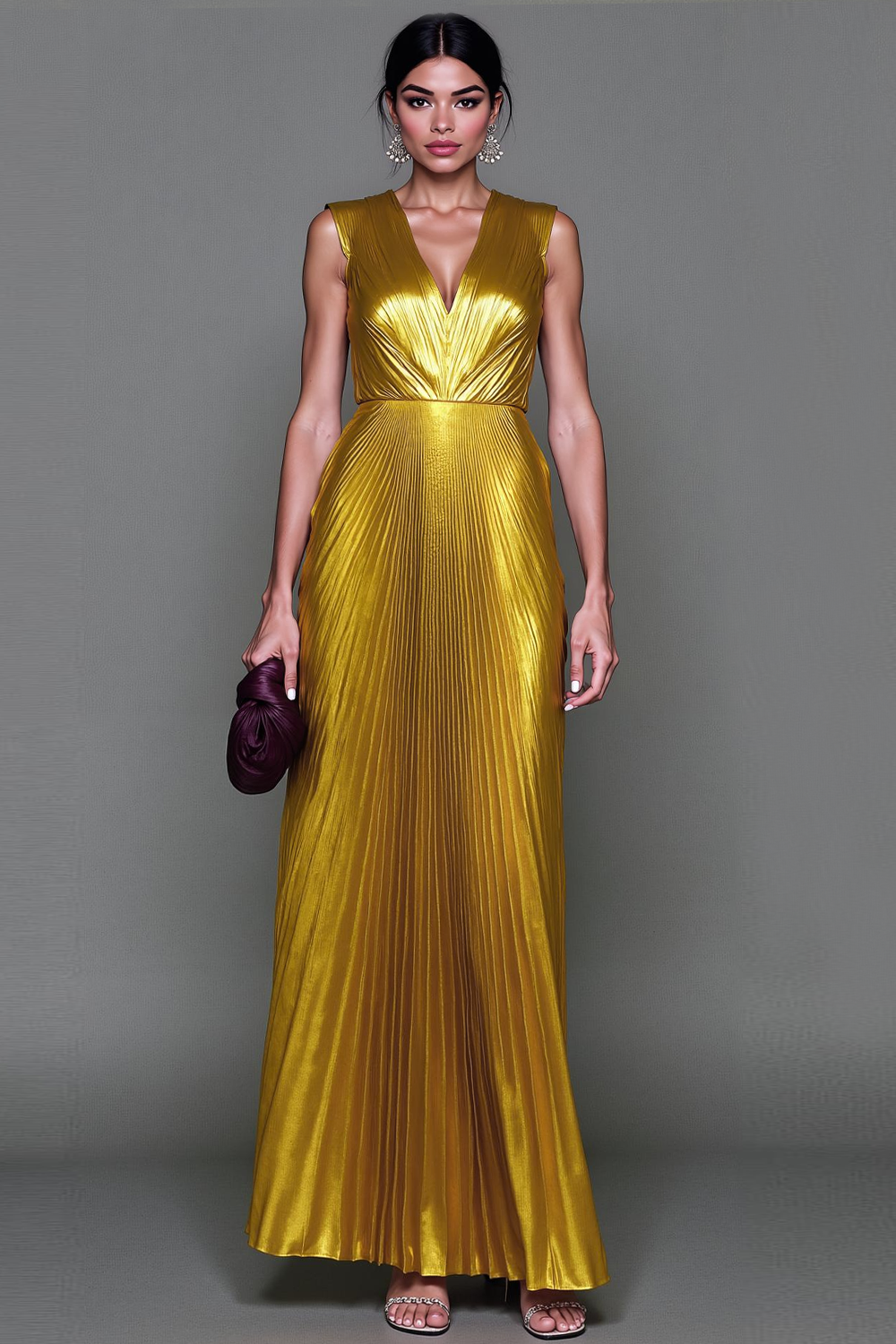 Fuchsia Pleated A Line Metallic V-Neck Maxi Evening Dress