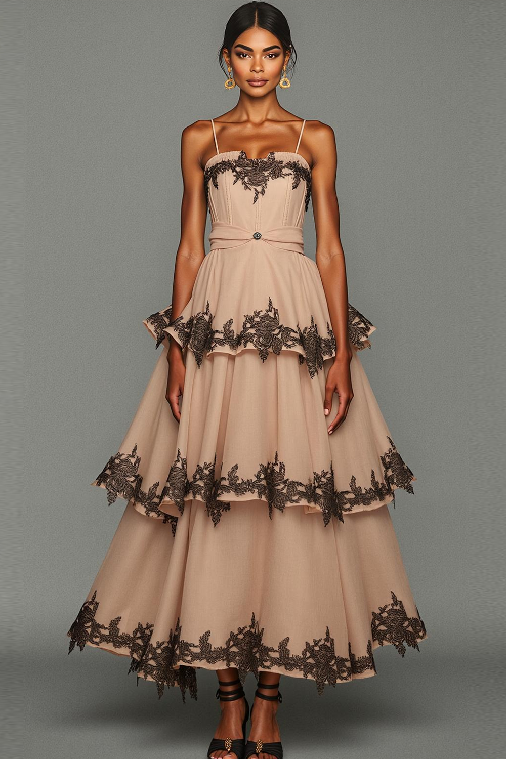 Leely Women Khaki Corset A Line Maxi Wedding Guest Dress with Appliques Tiered Spaghetti Straps Wedding Party Dress