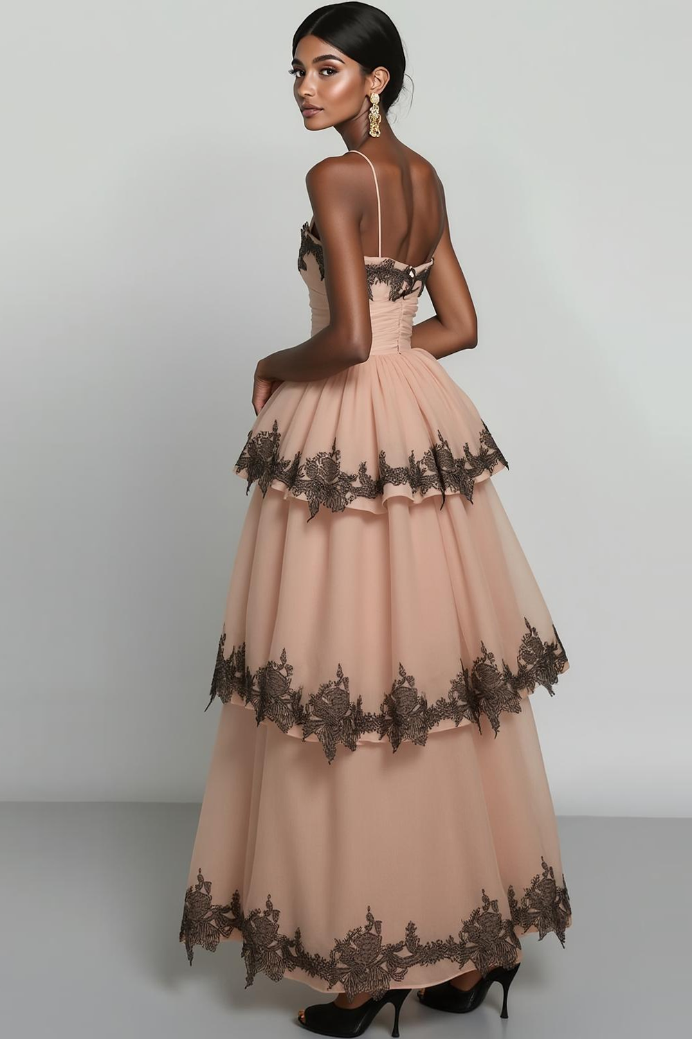 Khaki Corset A Line Tiered Spaghetti Straps Maxi Wedding Guest Dress with Appliques