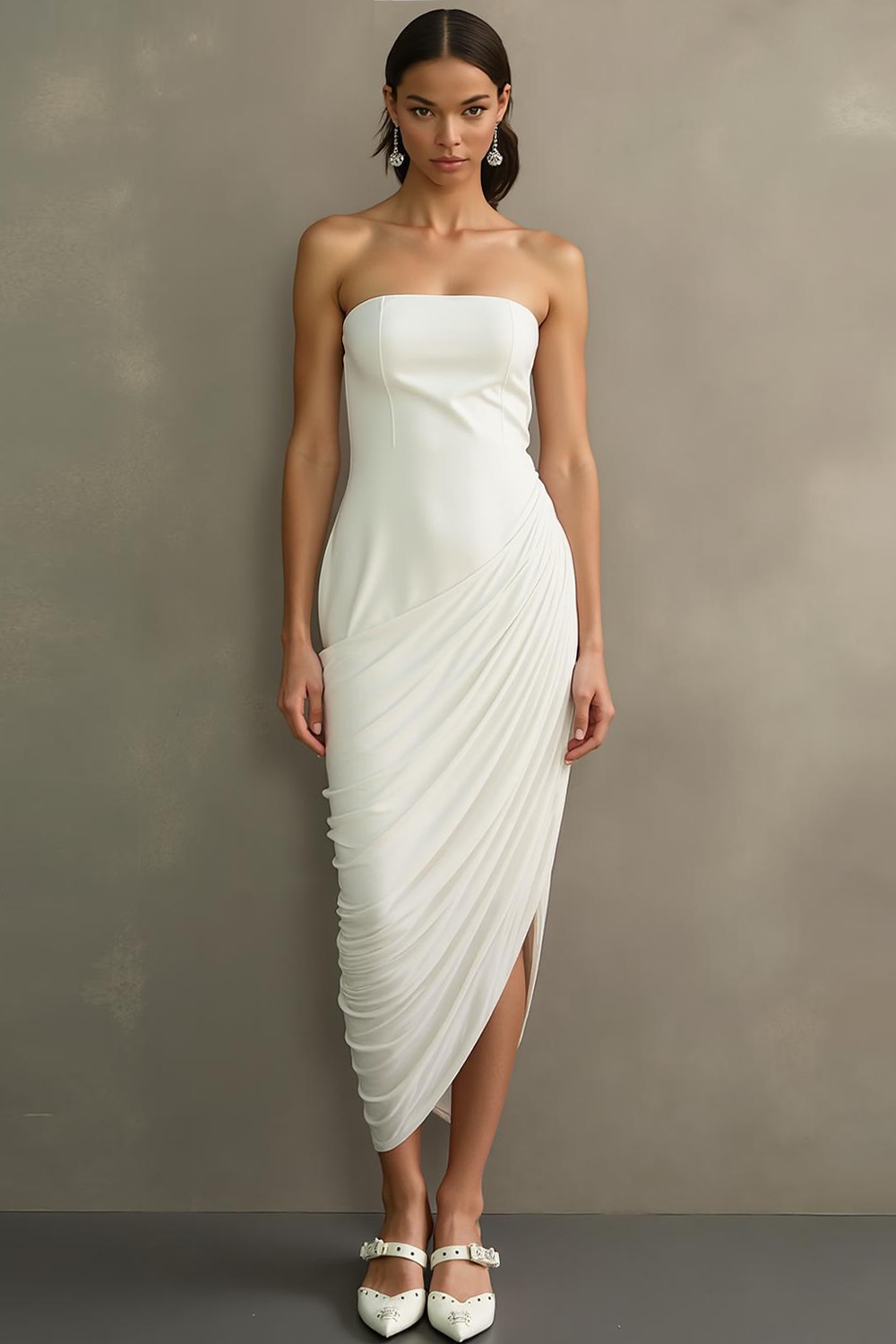 White Sheath Strapless Ruched Maxi Wedding Reception Dress with Slit