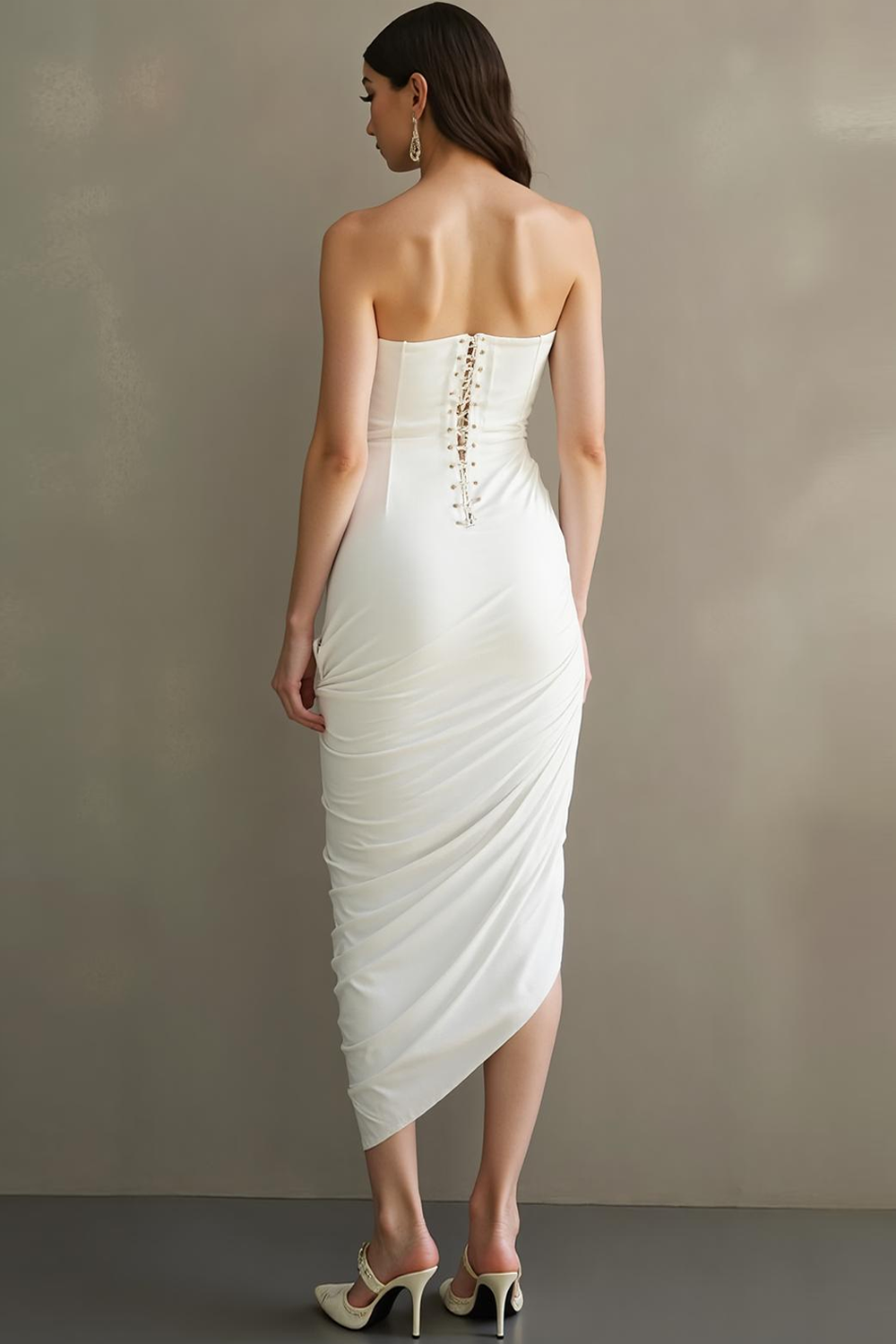 White Sheath Strapless Ruched Maxi Wedding Reception Dress with Slit