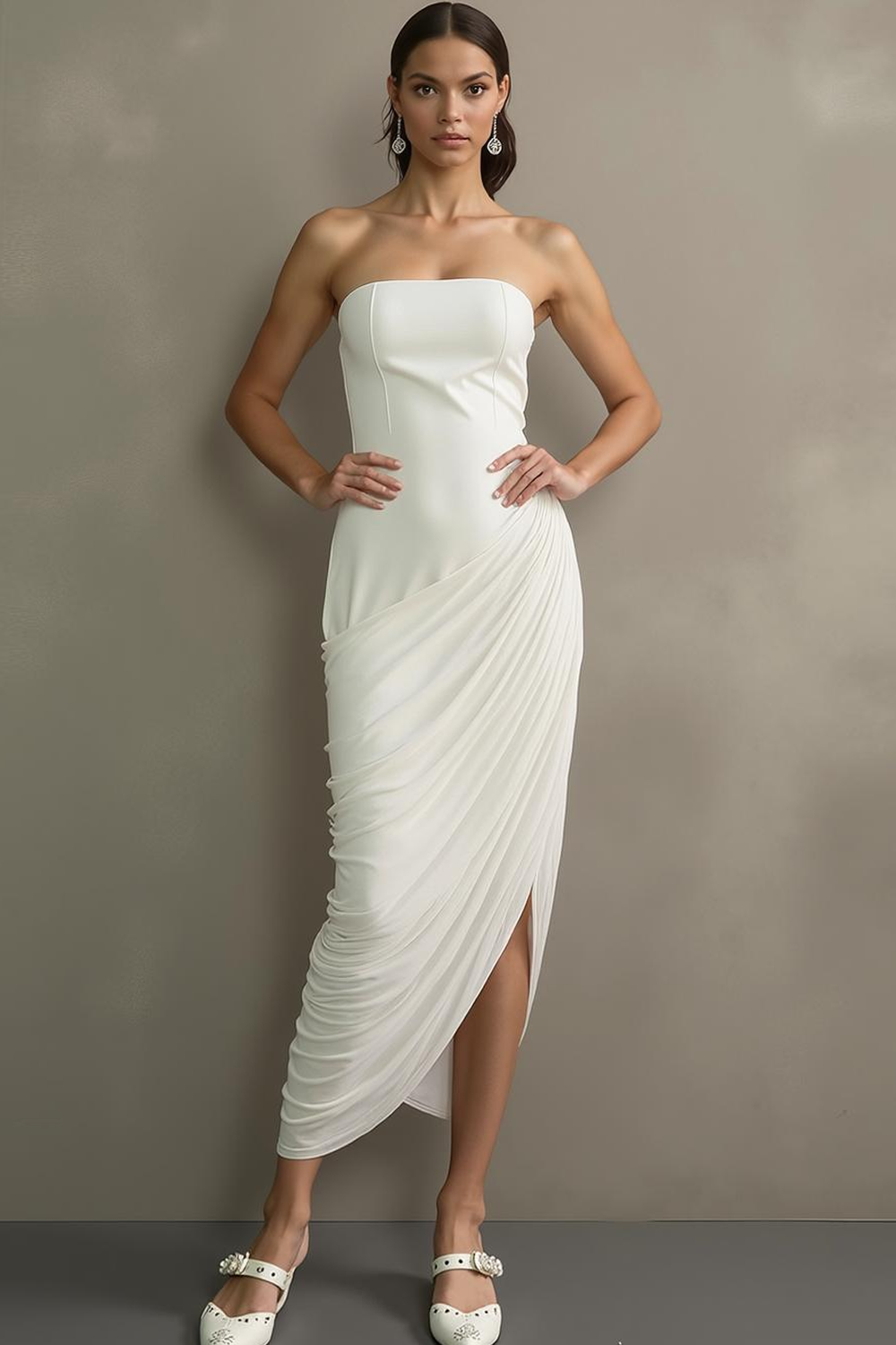 White Sheath Strapless Ruched Maxi Wedding Reception Dress with Slit