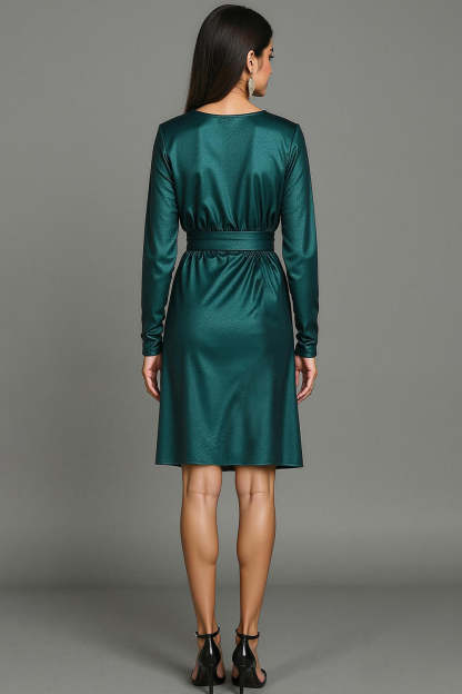 Peacock Green Metallic Bodycon Round Neck Midi Wedding Guest Dress with Sleeves