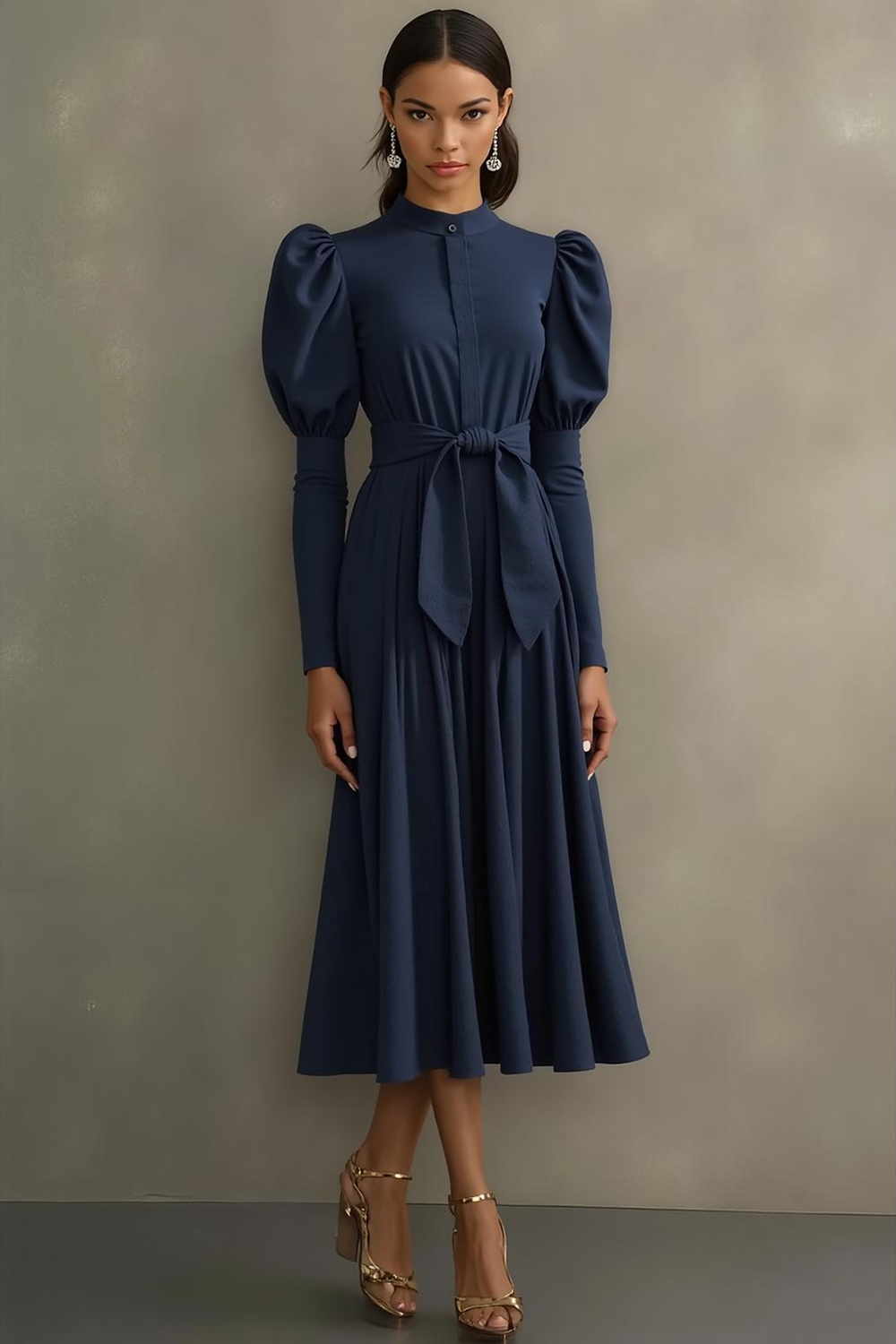 Navy A Line High Neck Maxi Formal Dress with Bow