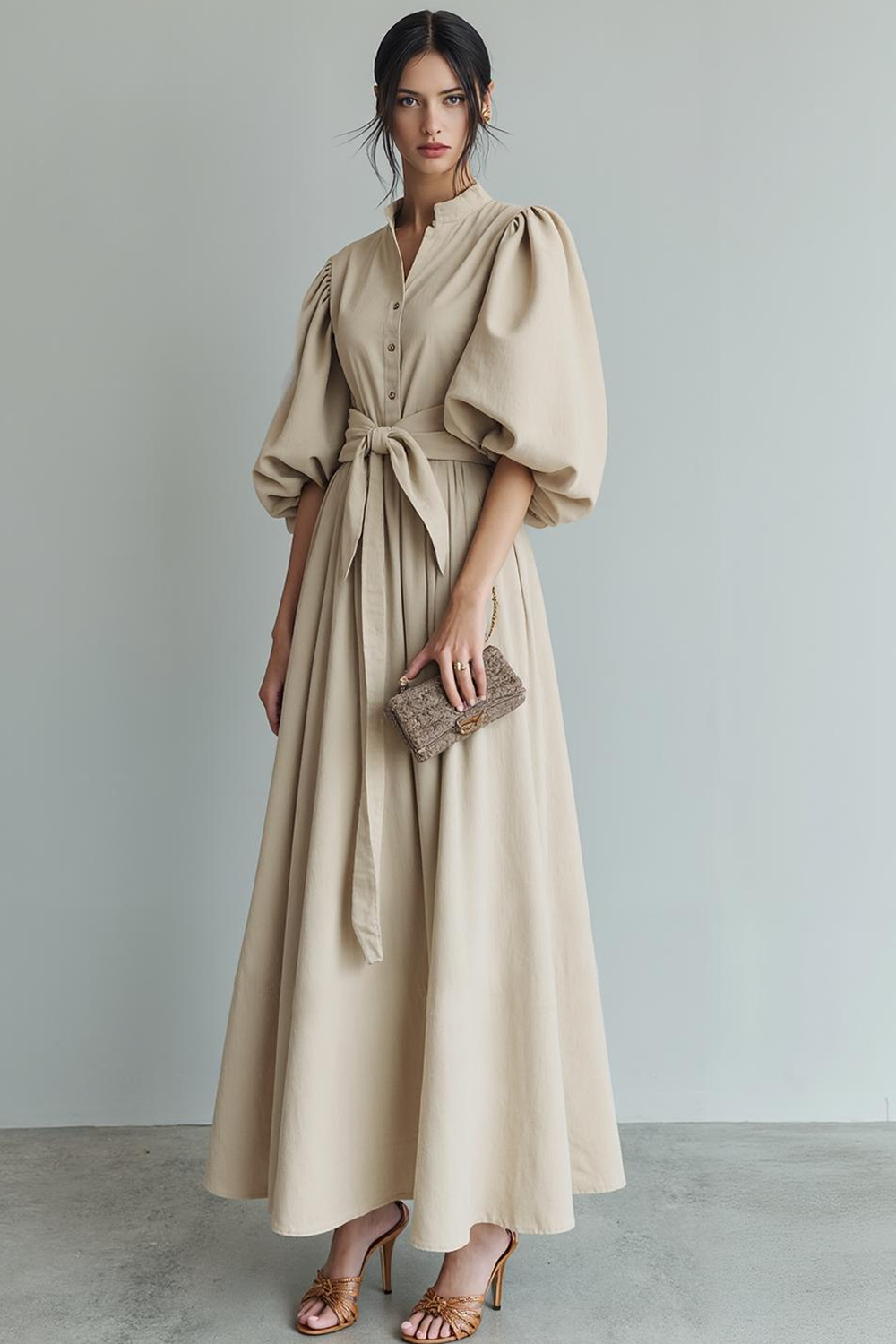 Leely Women Ivory A Line Maxi Formal Dress with Sash High Neck Puff Sleeves Wedding Guest Dress