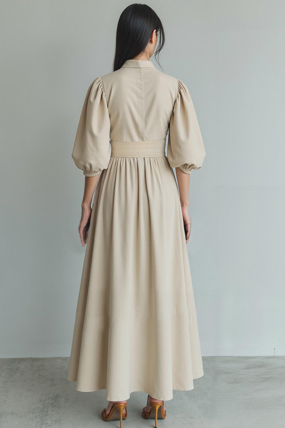 Ivory Puff Sleeves A Line Maxi Formal Dress with Sash