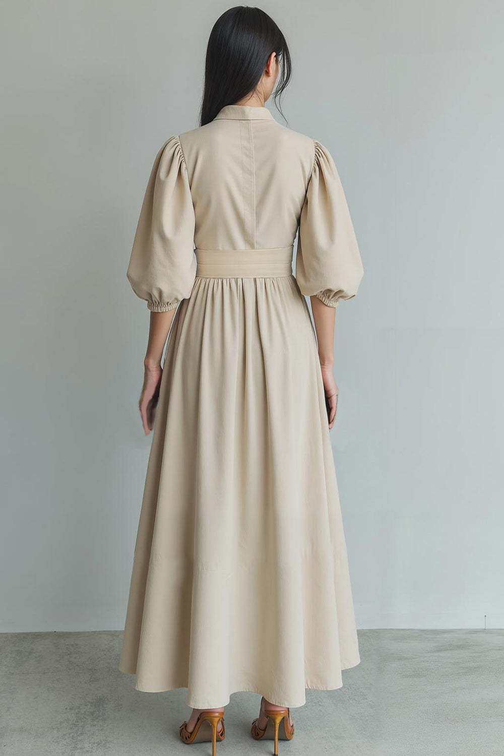 Ivory Puff Sleeves A Line Maxi Formal Dress with Sash