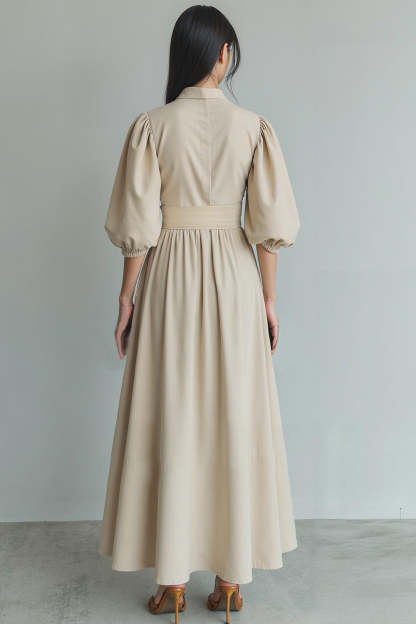 Ivory Puff Sleeves A Line Maxi Formal Dress with Sash