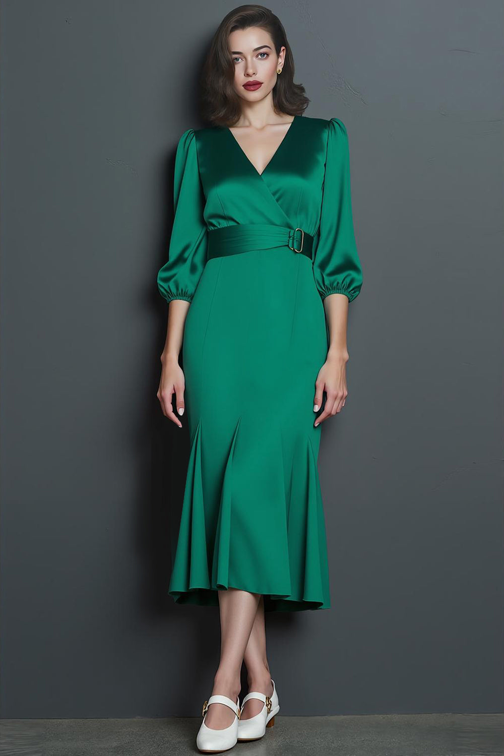 Leely Women Peacock Green Midi Mermaid Work Dress with Belt Satin V Neck  3/4 Sleeves
