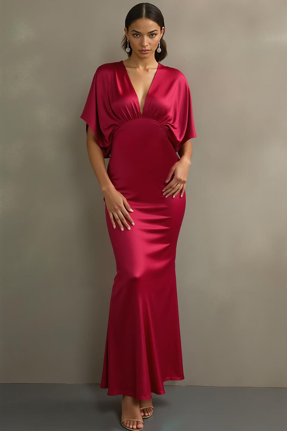 Leely Women Fuchsia Mermaid Maxi Formal Dress V Neck Satin Evening Dress with Sleeves