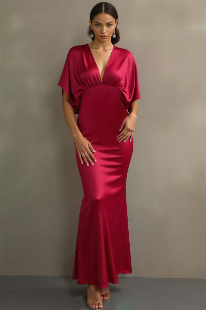Leely Women Fuchsia Mermaid Maxi Formal Dress V Neck Satin Evening Dress with Sleeves