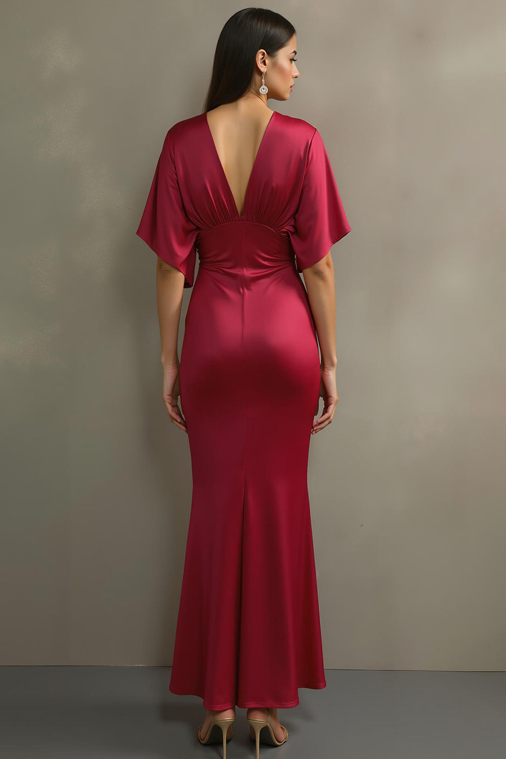 Fuchsia V Neck Mermaid Satin Maxi Formal Dress with Sleeves