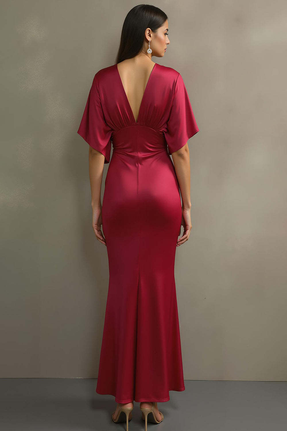 Fuchsia V Neck Mermaid Satin Maxi Formal Dress with Sleeves