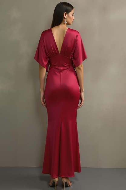Fuchsia V Neck Mermaid Satin Maxi Formal Dress with Sleeves