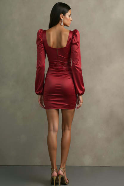 Red Square Neck Ruched Short Semi Formal Dress with Sleeves