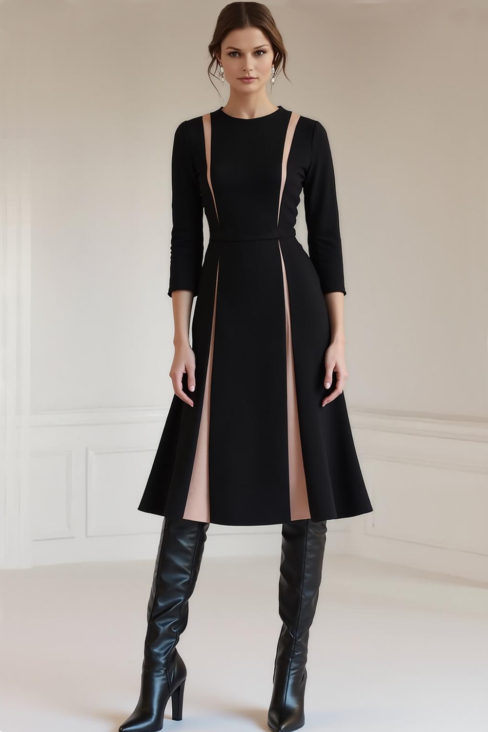 Leely Women Black A Line Midi Work Dress Jewel Neck 3/4Sleeves Semi Formal Dress