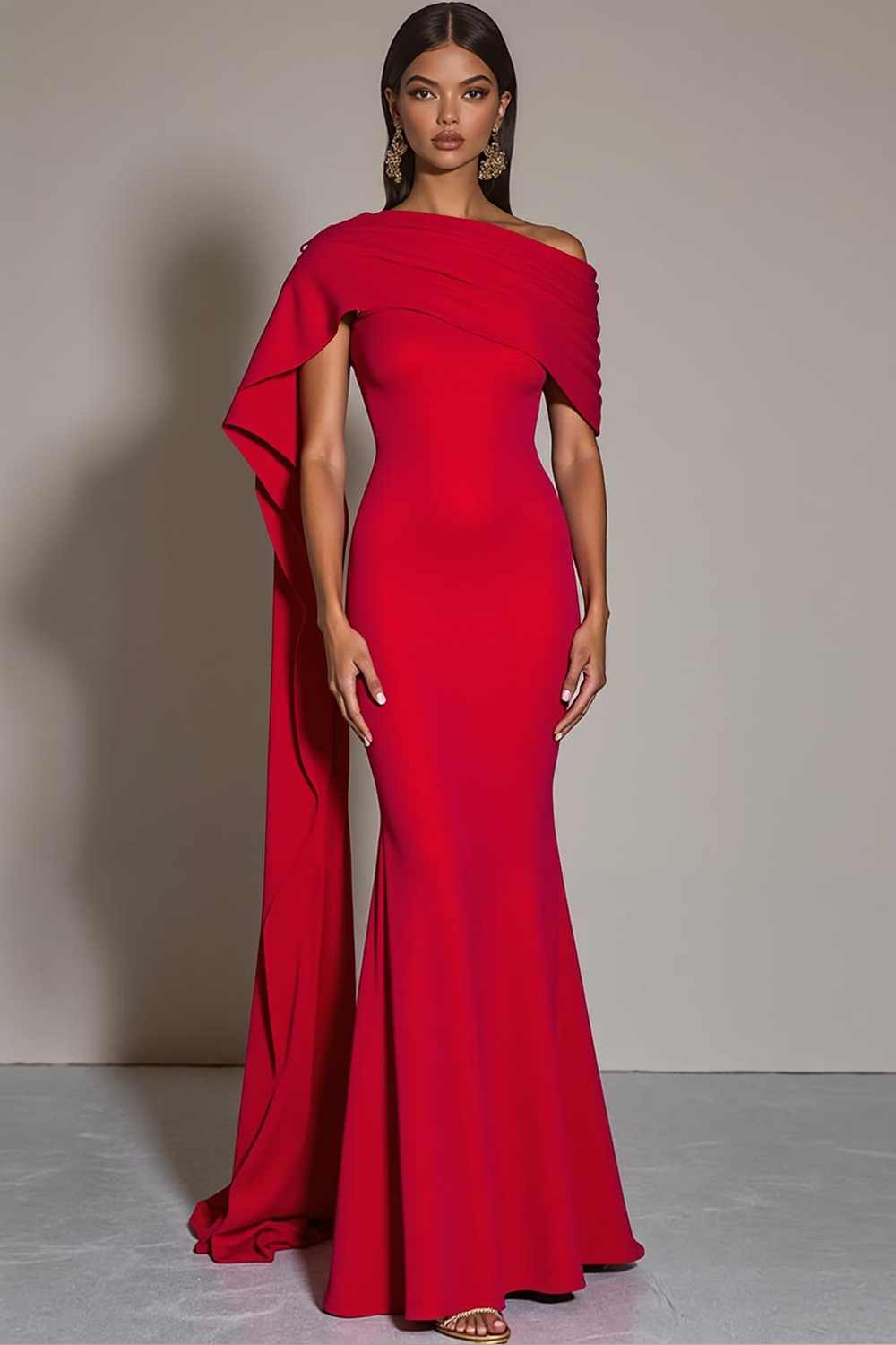 Red Mermaid One Shoulder Maxi Formal Dress with Side Cape