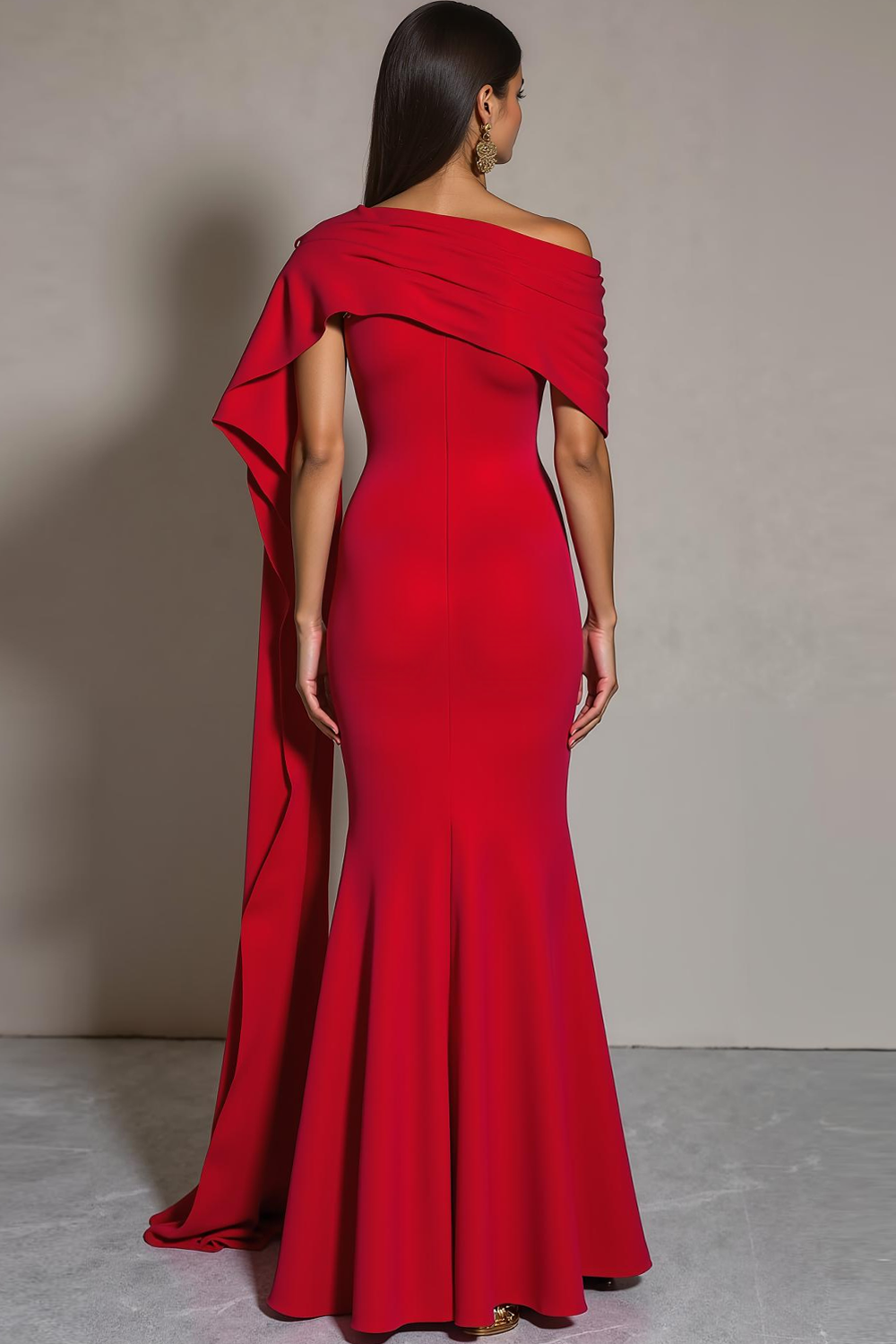Red Mermaid One Shoulder Maxi Formal Dress with Side Cape