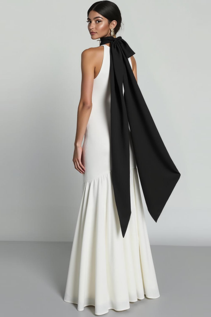 White A Line Halter Chiffon Maxi Formal Dress with Slit